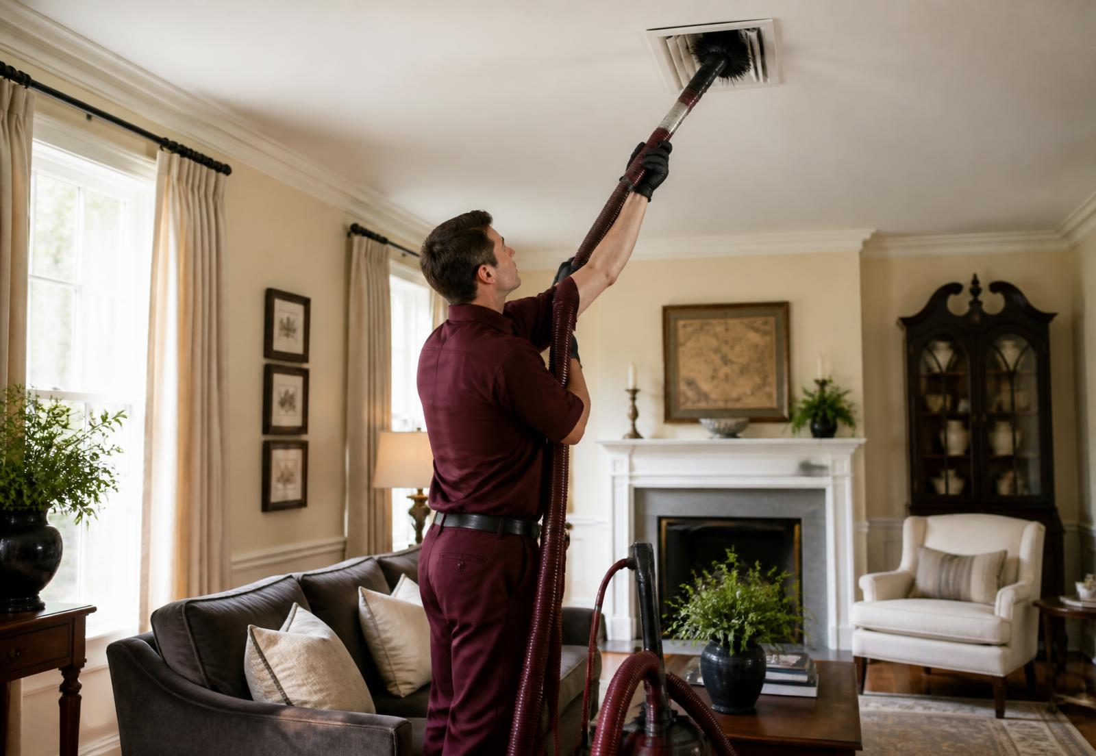Technician in a burgundy uniform cleaning a ceiling air vent in a home